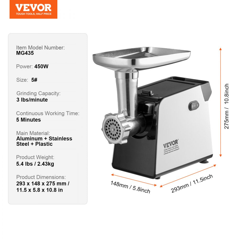 MG435 - 450W Stainless Steel Meat Grinder, 3 lbs/min, Home Kitchen Use