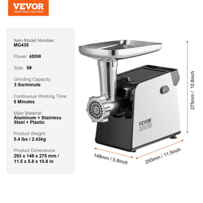 MG435 - 450W Stainless Steel Meat Grinder, 3 lbs/min, Home Kitchen Use