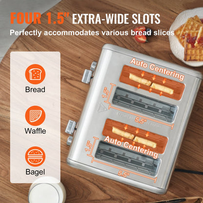 WT-340D - 4-Slice Stainless Steel Toaster with 1.5" Slots, 1650W