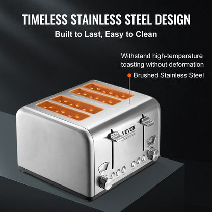 WT-340D - 4-Slice Stainless Steel Toaster with 1.5" Slots, 1650W