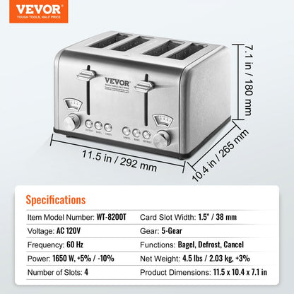 WT-340D - 4-Slice Stainless Steel Toaster with 1.5" Slots, 1650W