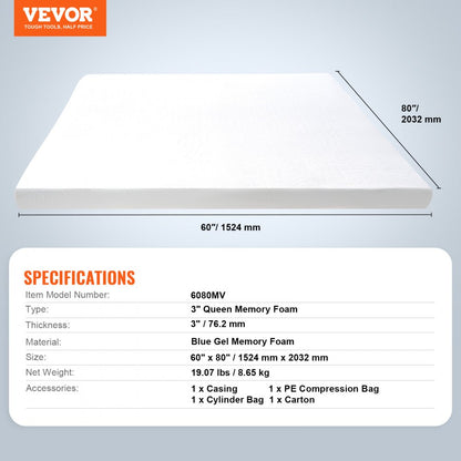 6080MV - 3" Cooling Gel Queen Memory Foam Mattress Topper, 60" x 80"