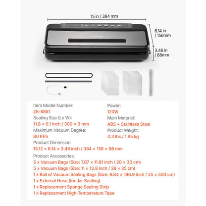 ZK-8861 - Compact 120W Vacuum Sealer with Strong Suction and Easy Control