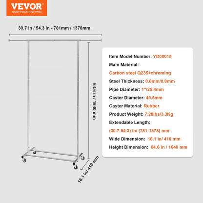 YD00015 - Adjustable Steel Clothes Rack with Wheels, 30.7-54.3" Length