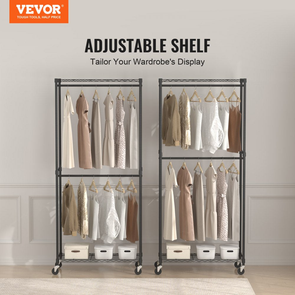 YC0001 - Heavy Duty 300 lbs Clothes Rack with Double Rods & Storage Tiers