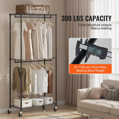 YC0001 - Heavy Duty 300 lbs Clothes Rack with Double Rods & Storage Tiers