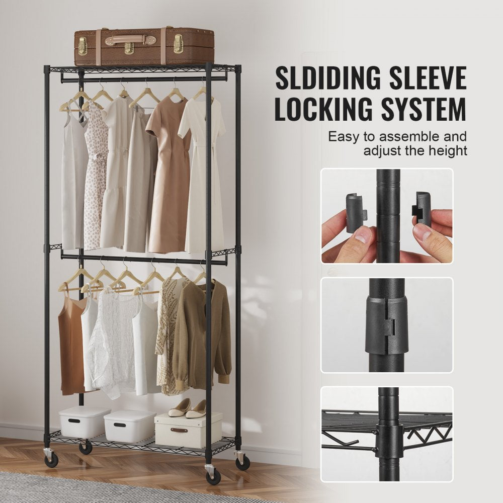 YC0001 - Heavy Duty 300 lbs Clothes Rack with Double Rods & Storage Tiers