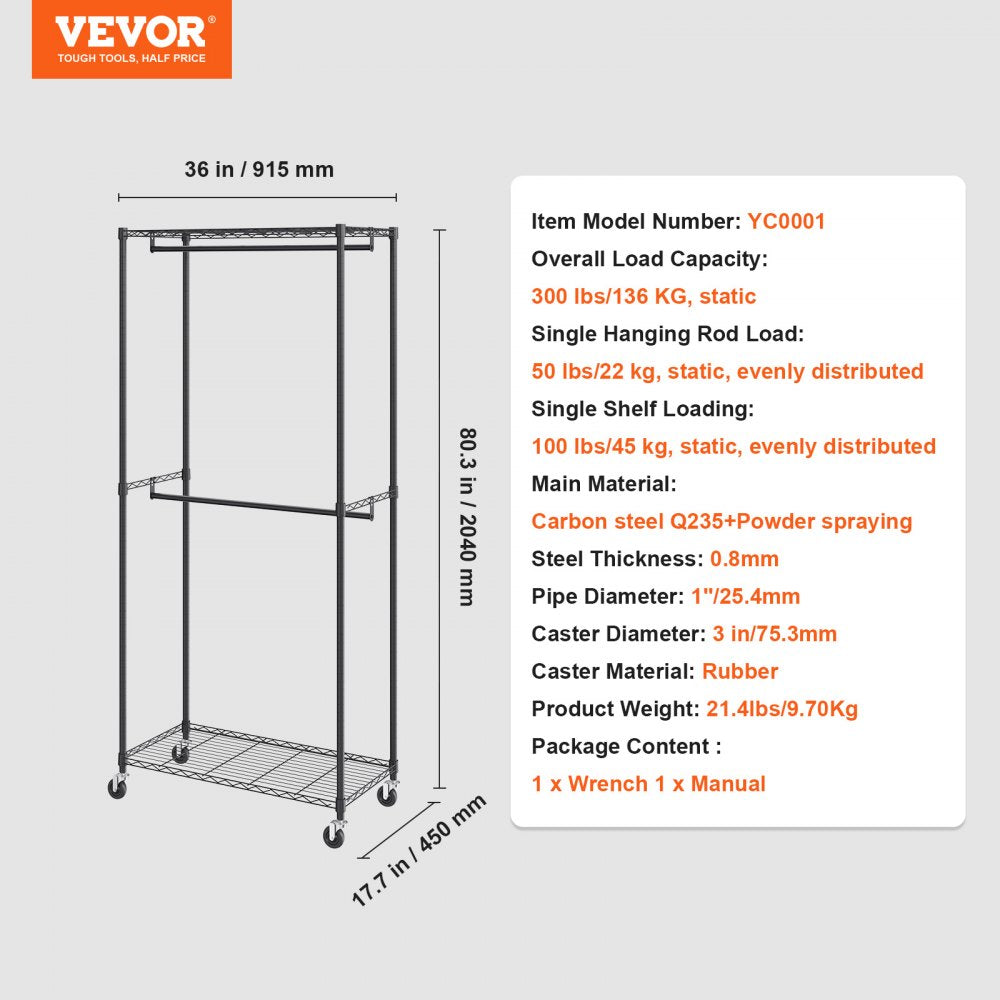 YC0001 - Heavy Duty 300 lbs Clothes Rack with Double Rods & Storage Tiers