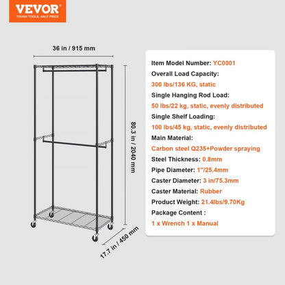 YC0001 - Heavy Duty 300 lbs Clothes Rack with Double Rods & Storage Tiers