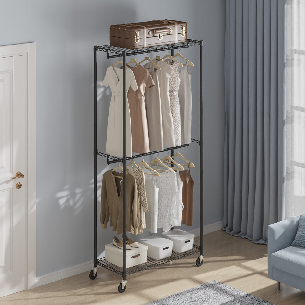 YC0001 - Heavy Duty 300 lbs Clothes Rack with Double Rods & Storage Tiers