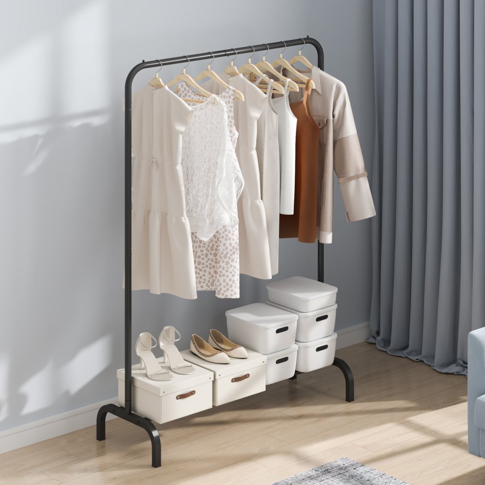 YD00016 - Heavy-Duty Mobile Garment Rack with Shelves and Rod