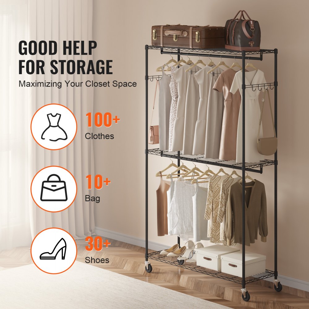 YC0002 - Heavy Duty 400 lbs VEVOR Rolling Clothing Rack with Adjustable Shelves