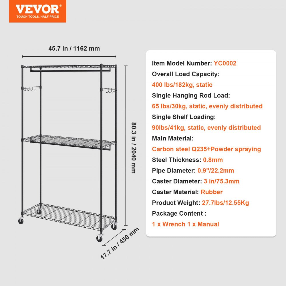 YC0002 - Heavy Duty 400 lbs VEVOR Rolling Clothing Rack with Adjustable Shelves