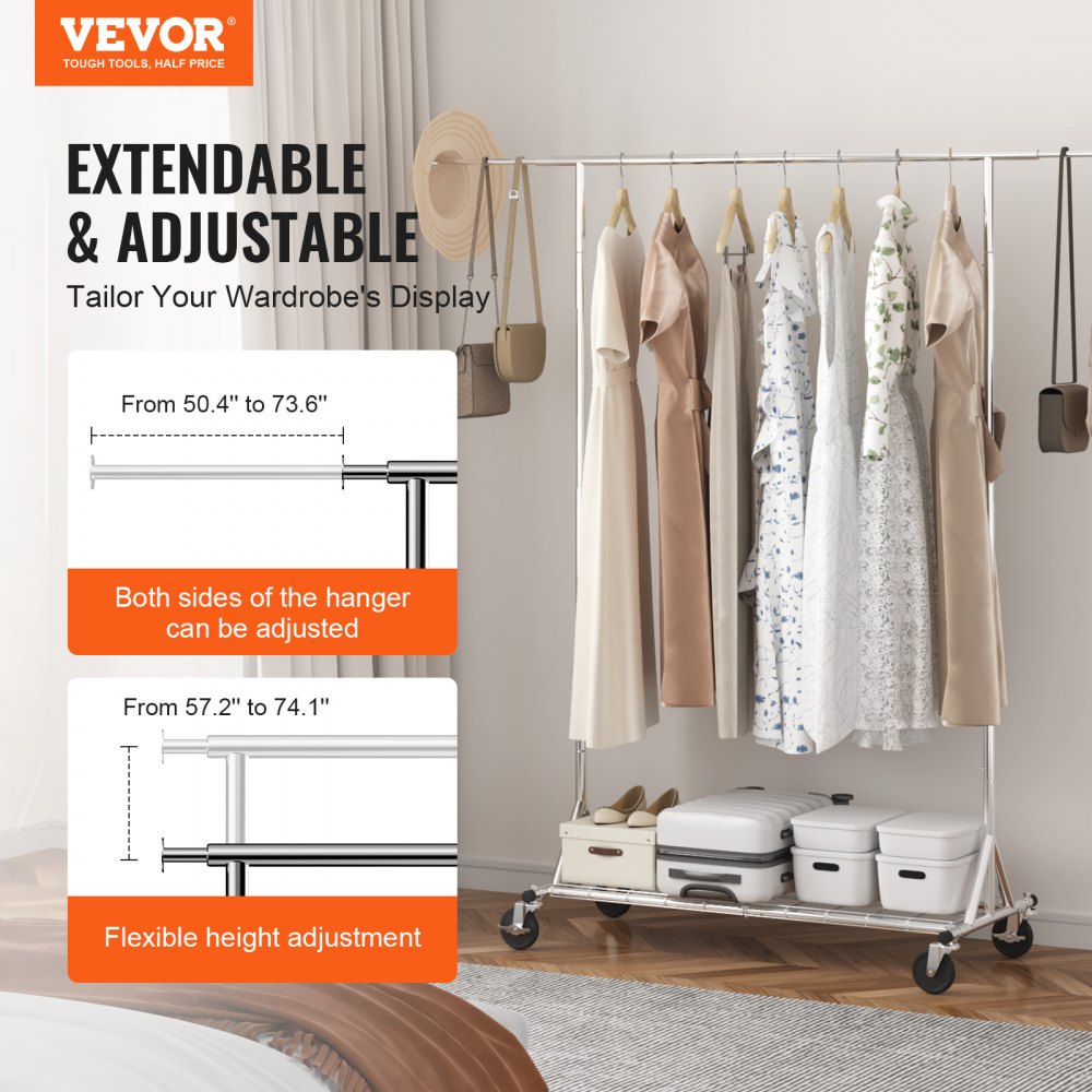 YD00017 - 57.2-74.1in Heavy-Duty Mobile Clothes Rack with Wheels