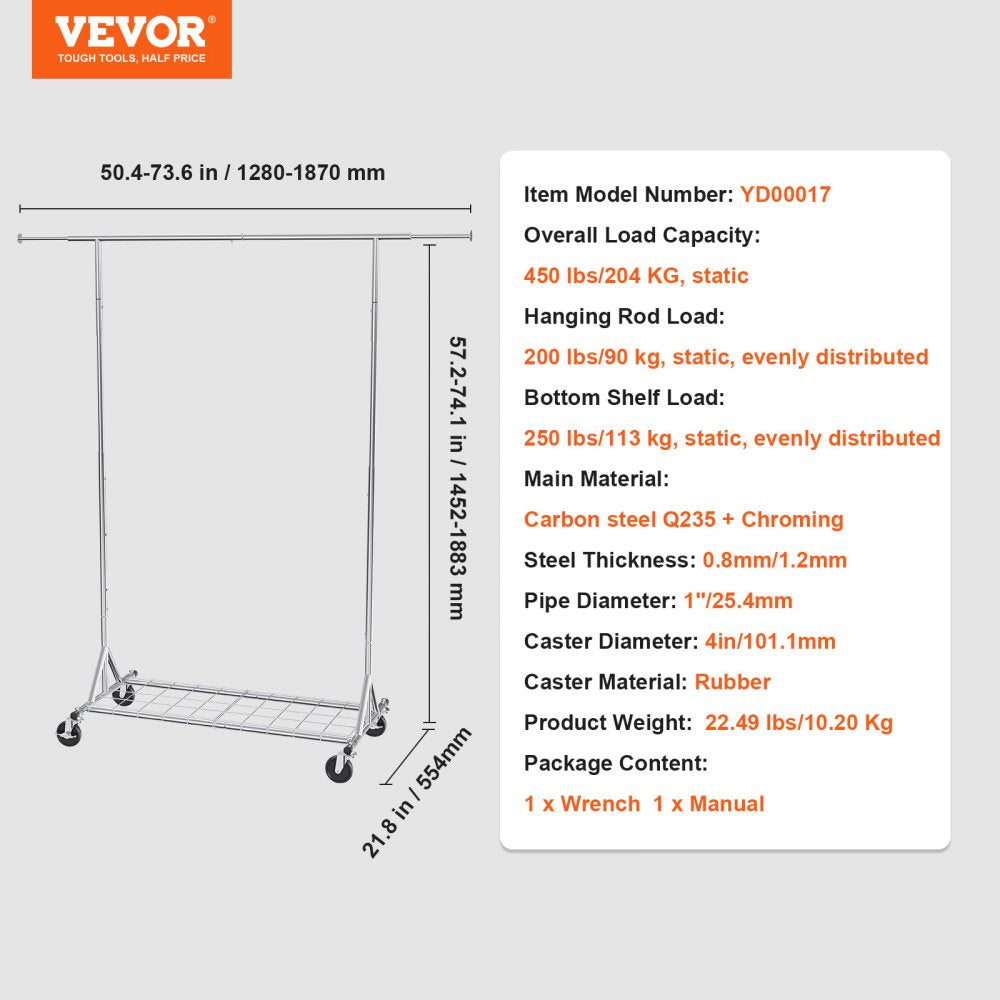 YD00017 - 57.2-74.1in Heavy-Duty Mobile Clothes Rack with Wheels