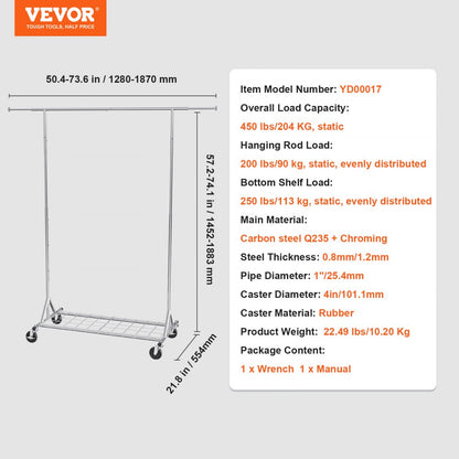 YD00017 - 57.2-74.1in Heavy-Duty Mobile Clothes Rack with Wheels