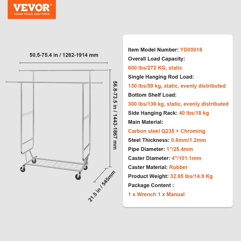 YD00018 - Adjustable Heavy Duty Clothes Rack, Holds 600 lbs, 56.8-73.5" Tall
