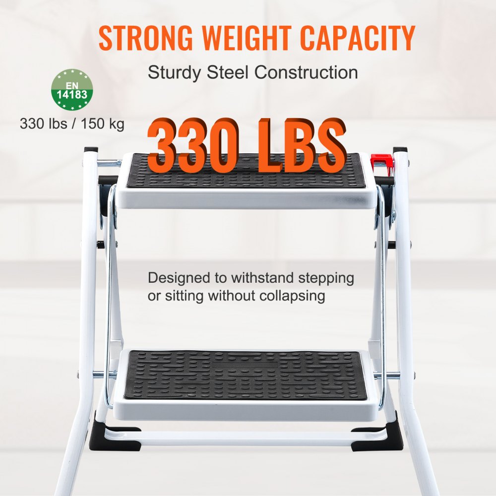 WK2031 - Compact 2-Step Steel Ladder, 330lbs Capacity, Folding Design