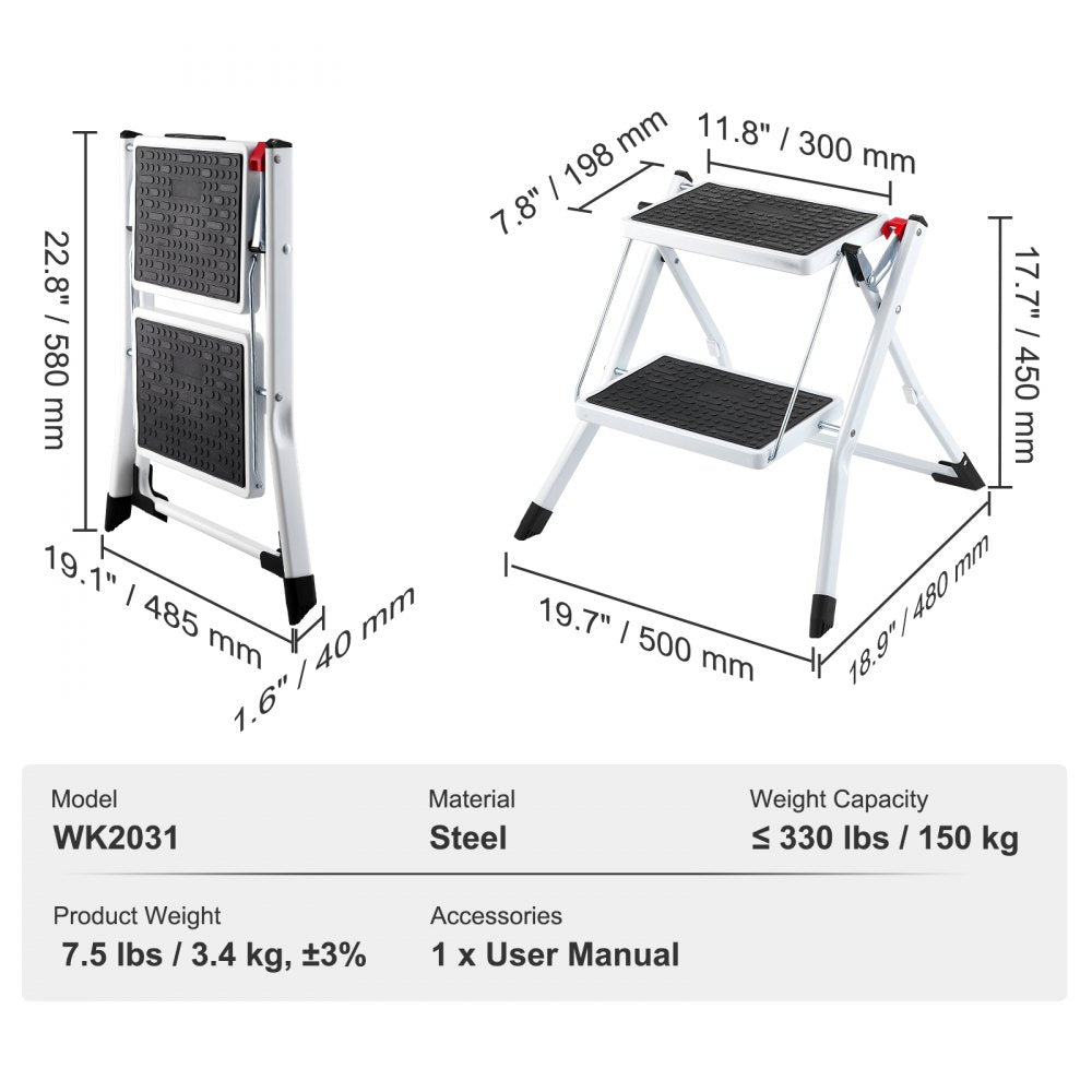 WK2031 - Compact 2-Step Steel Ladder, 330lbs Capacity, Folding Design