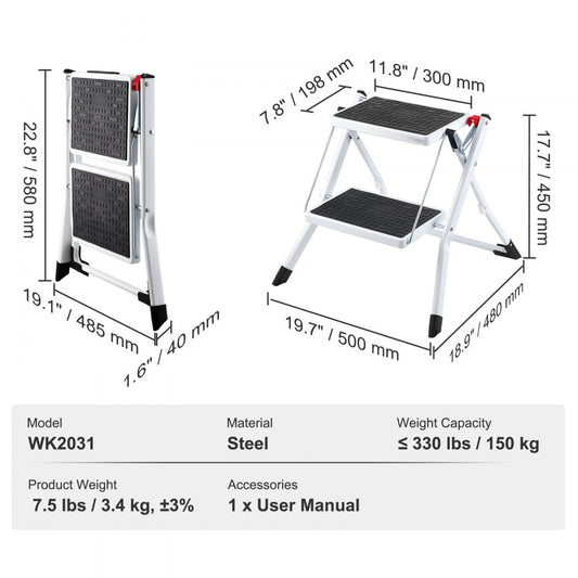 WK2031 - Compact 2-Step Steel Ladder, 330lbs Capacity, Folding Design