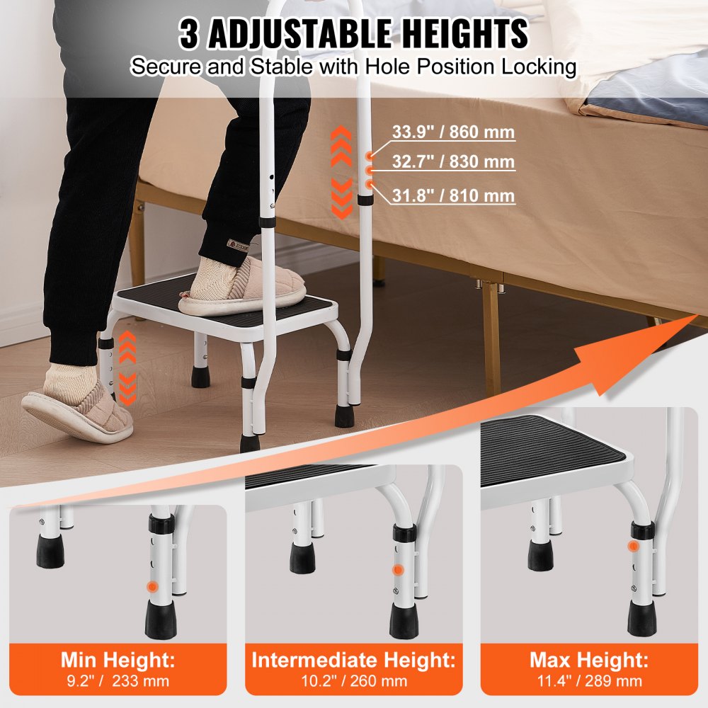 WK2071B - Adjustable 1-Step Steel Step Stool, 330lbs Capacity for Home Use