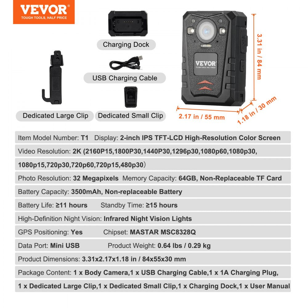 T1 - VEVOR 1440P HD Waterproof Body Camera with GPS & Night Vision