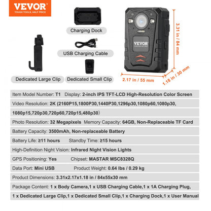 T1 - VEVOR 1440P HD Waterproof Body Camera with GPS & Night Vision
