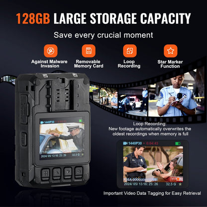 T1 - 1440P HD Police Body Camera with 32MP, Night Vision & GPS