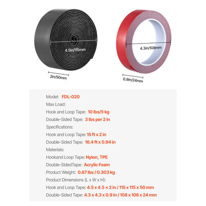 FDL-020 - Heavy-Duty Hook & Loop Tape Combo, 15ft & 16.4ft Lengths