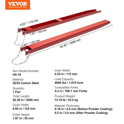 HX-10 - 82.28" VEVOR Fork Extensions for Heavy Loads up to 4000 lbs
