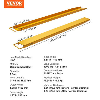 HX-3 - Heavy-Duty 72" Steel Fork Extensions for 4000 lbs Load Capacity