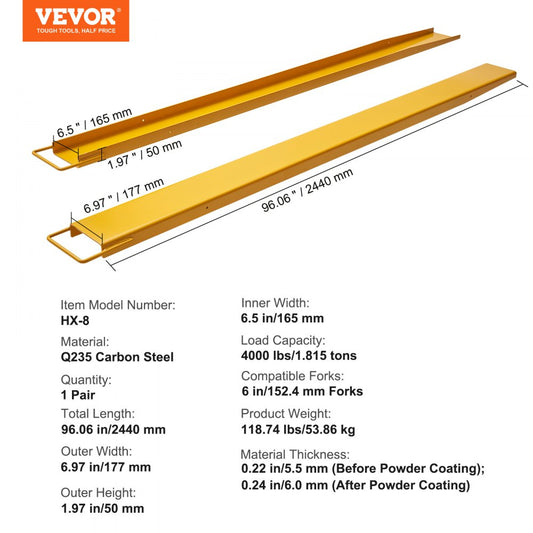 HX-8 - 96" Heavy-Duty Pallet Fork Extensions for 4000 lbs Capacity