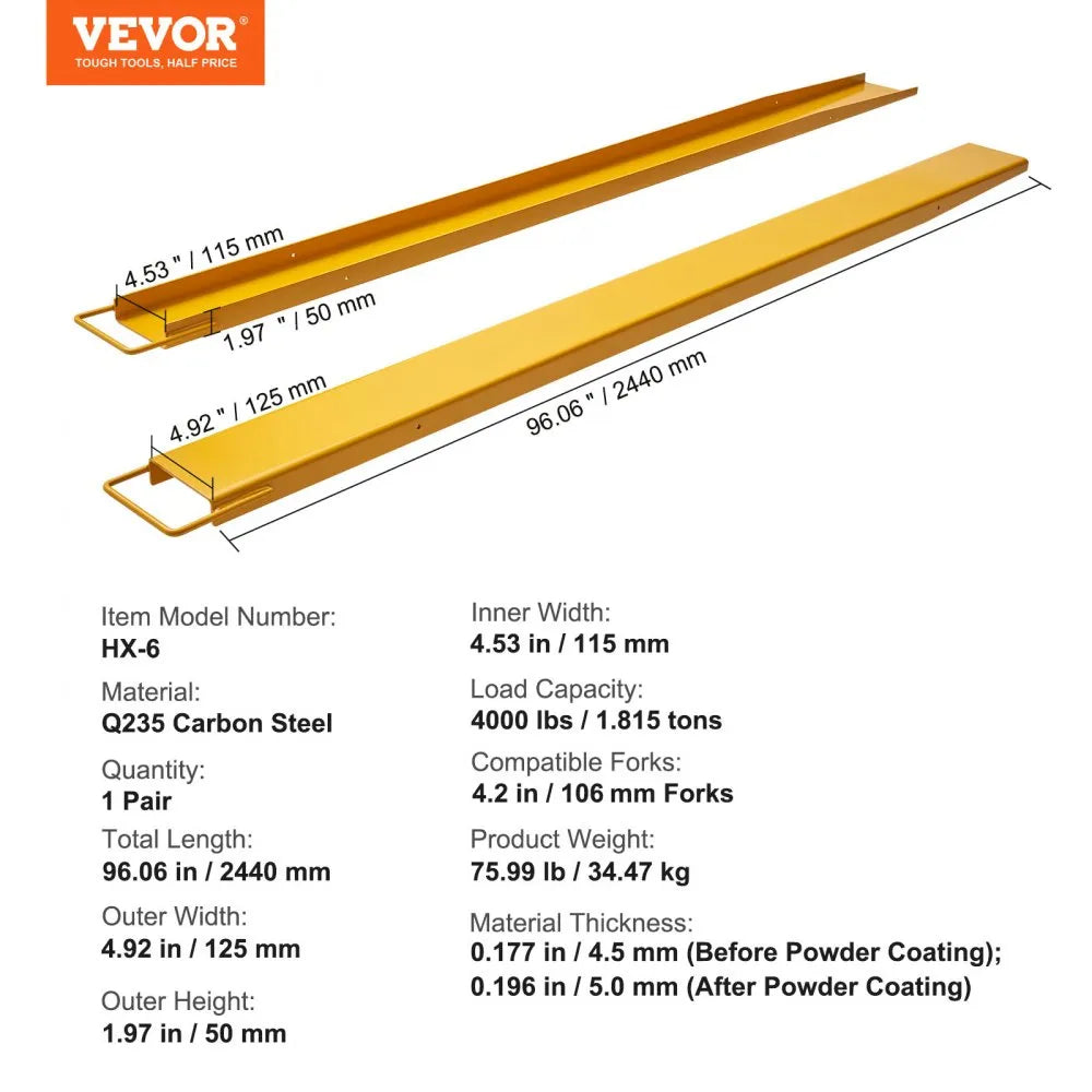 HX-6 - Durable 96" Carbon Steel Fork Extensions for Heavy Loads