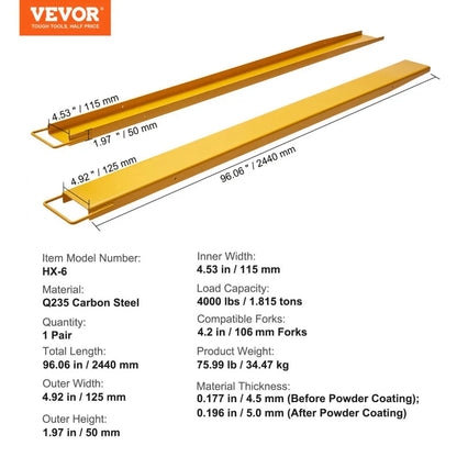 HX-6 - Durable 96" Carbon Steel Fork Extensions for Heavy Loads