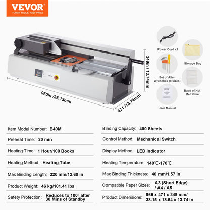 B40M - VEVOR Heavy-Duty Thermal Binding Machine, 400 Sheets, 40mm Thickness