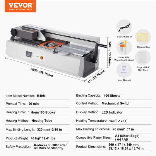 B40M - VEVOR Heavy-Duty Thermal Binding Machine, 400 Sheets, 40mm Thickness