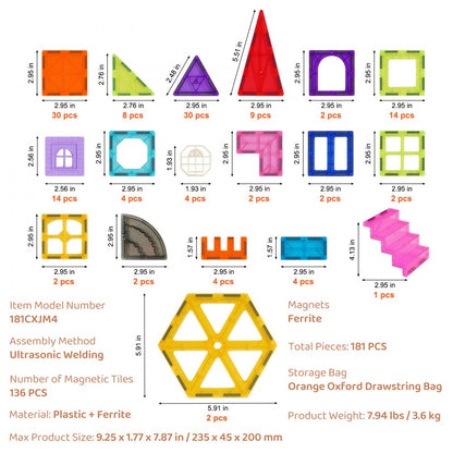 181CXJM4 - 181 PCS VEVOR Magnetic Building Tiles Set for Creative Play