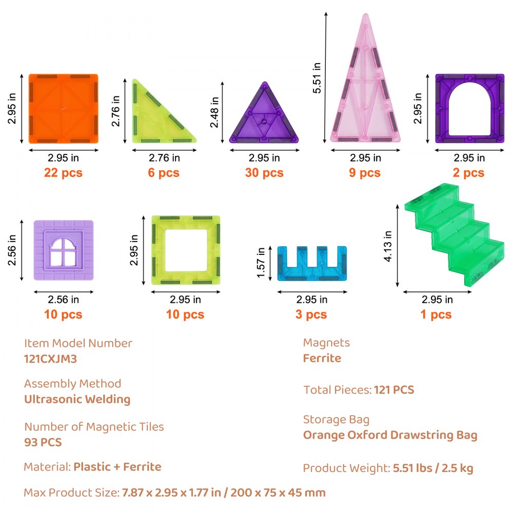 121CXJM3 - 121 PCS Building Magnetic Tiles with Bag & Cards