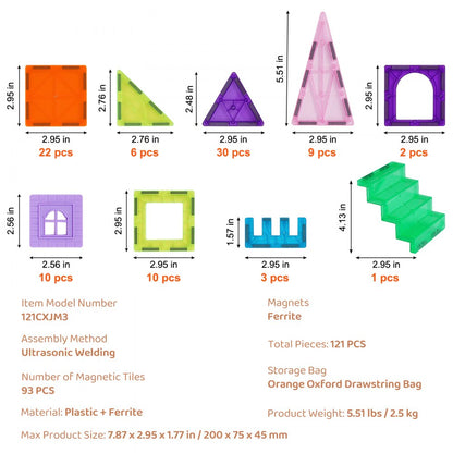 121CXJM3 - 121 PCS Building Magnetic Tiles with Bag & Cards