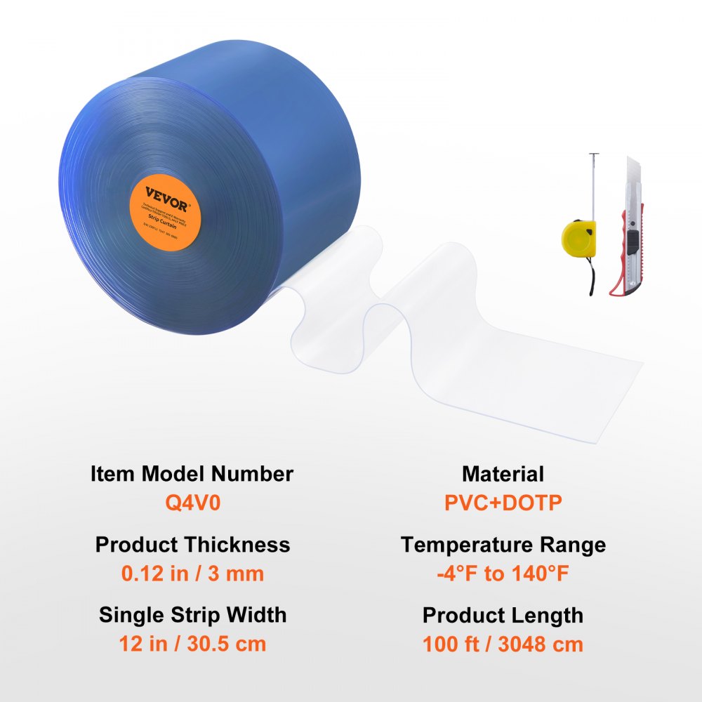 Q4V0 - 100' Clear PVC Strip Curtain, 12" Wide, Durable & Versatile