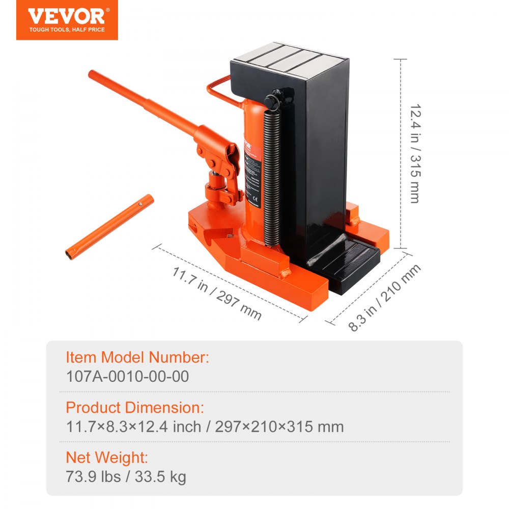 107A-0010-00-00 - 20 Ton VEVOR Hydraulic Toe Jack with Adjustable Height