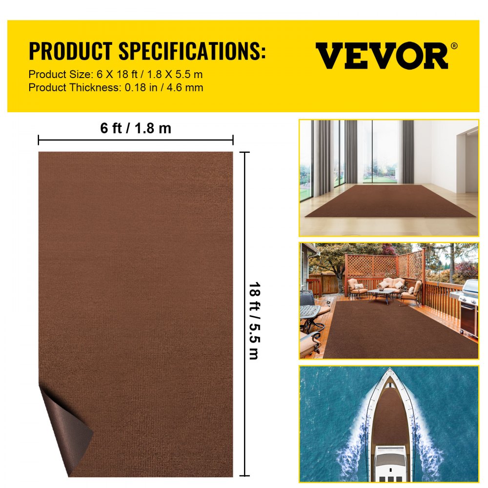 VV-MCDB-1.85.5 - 6x18 ft Deep Brown Marine Carpet, Water-Proof & Easy Clean