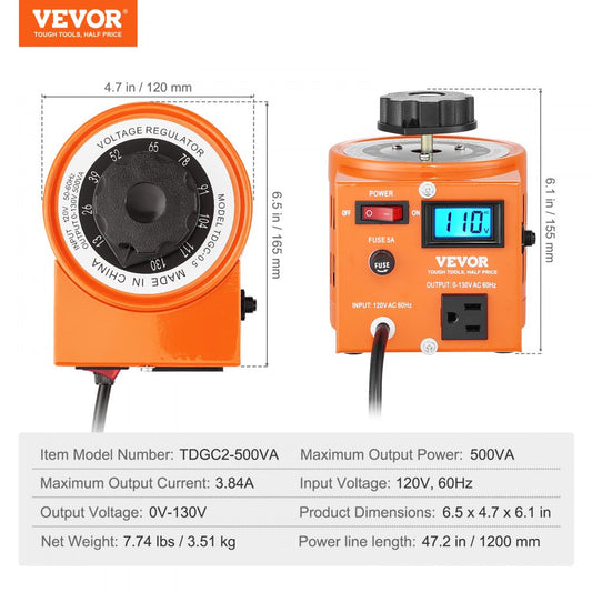 TDGC2-500VA - 500VA VEVOR Transformer with 0-130V Output for Reliable Voltage Control
