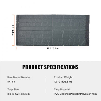 8x18 ft - Heavy-Duty PVC Coated Black Dump Truck Tarp with Grommets