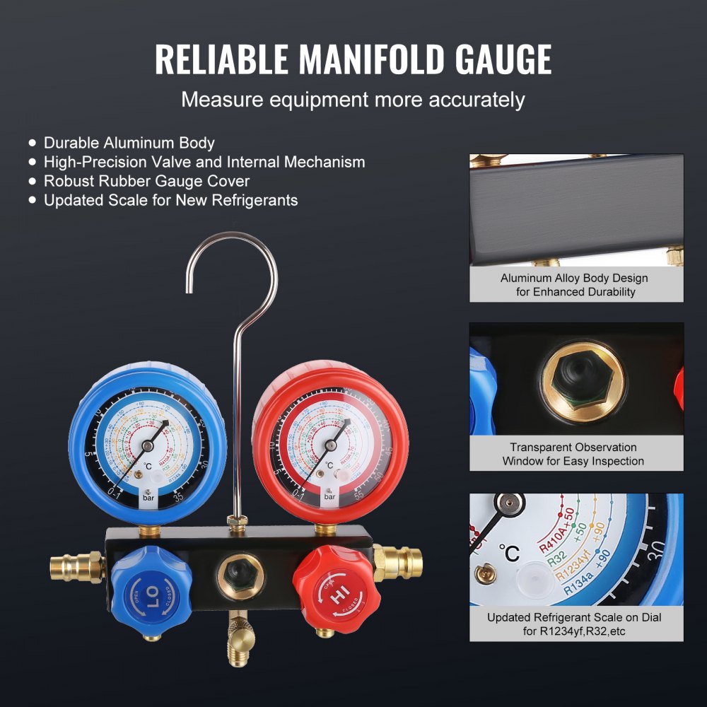 TW-1.5K(R32) - Efficient 1/4 HP Vacuum Pump & Manifold Gauge Set, 4 CFM