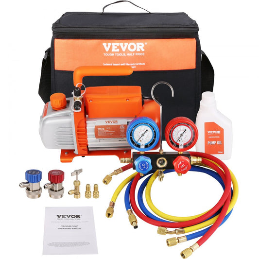 TW-1.5K(R32) - Efficient 1/4 HP Vacuum Pump & Manifold Gauge Set, 4 CFM