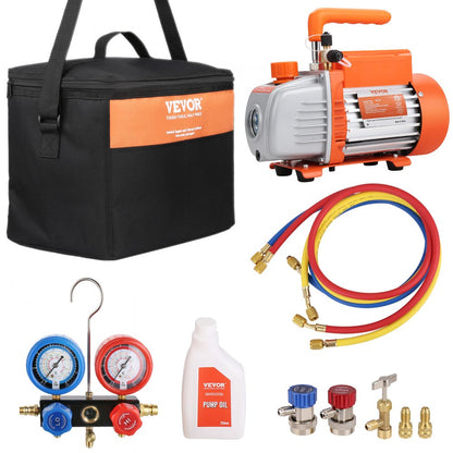 TW-1.5K(R32) - Efficient 1/4 HP Vacuum Pump & Manifold Gauge Set, 4 CFM