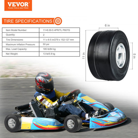 11×6.00-5 4PR/TL P607G - High-Elasticity Go-Kart Tires with 185 lbs Capacity