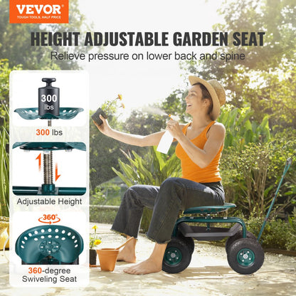 TC4501S-GN - Adjustable Garden Cart with 360-Degree Swivel Seat and Sturdy Wheels