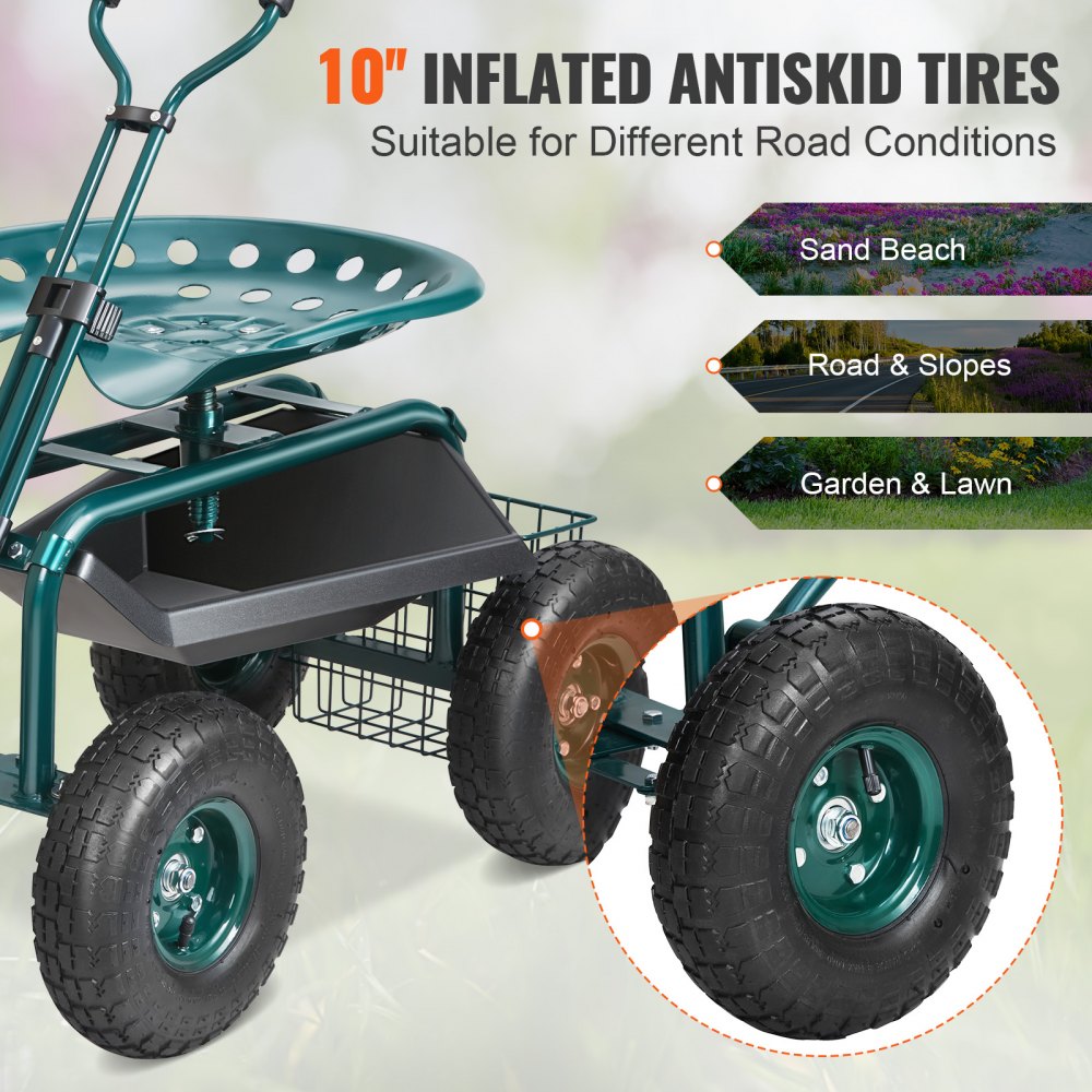 TC4501S-GN - Adjustable Garden Cart with 360-Degree Swivel Seat and Sturdy Wheels